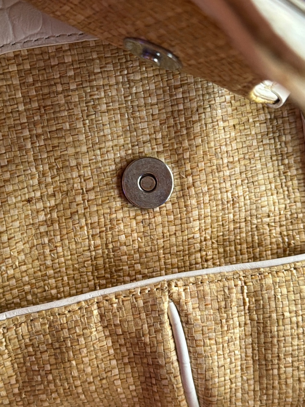 Cole Haan White Croc-Embossed Trim Straw Tote with Silver Buckle - Picture 10 of 13